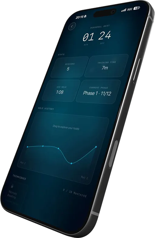 ZenDepth profile with personal best, training time and hold-history chart