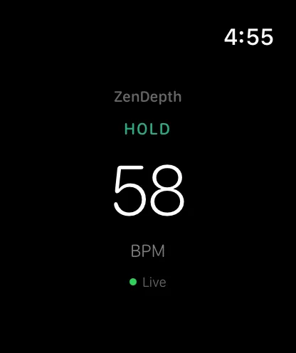 ZenDepth on Apple Watch showing live heart rate during a hold
